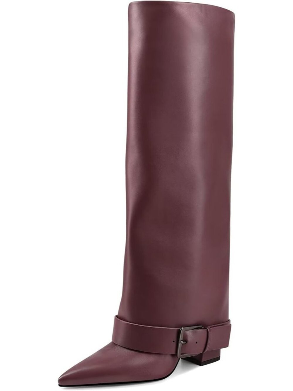 Women's Burgundy Fold Over Chunky High Heel Wide Calf Pointed Toe Buckle Boots